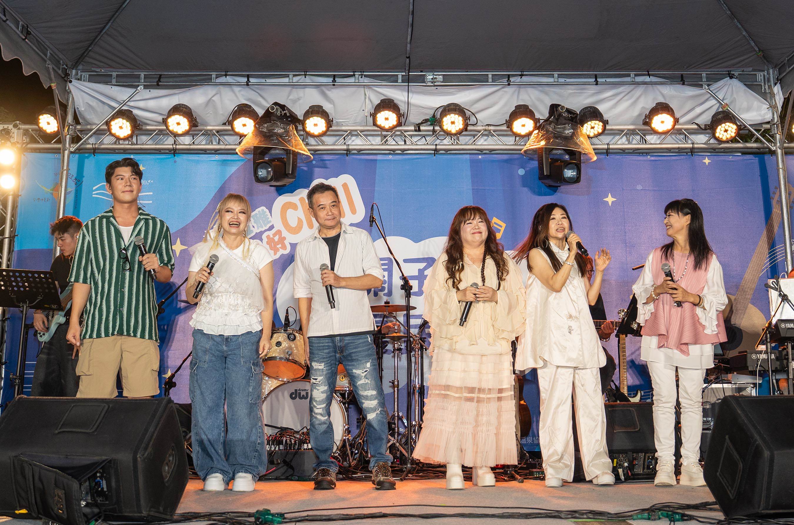 「2025西拉雅夏日好Chill－關子嶺涼夏民歌夜」Brian馮耀弘，金智娟，陳傑洲，大南方，馬毓芬，小南方。（圖／交通部觀光署西拉雅國家風景區管理處提供）