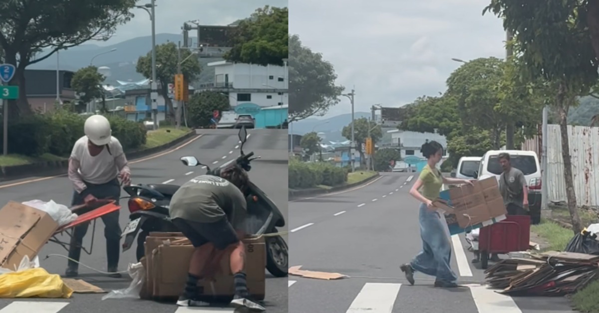 藍波老師看到一位騎著機車的回收阿伯摔車，便立即下車，與小女兒「咩咩」上前幫忙扶車、撿回收物。（圖／翻攝自藍波老師臉書）