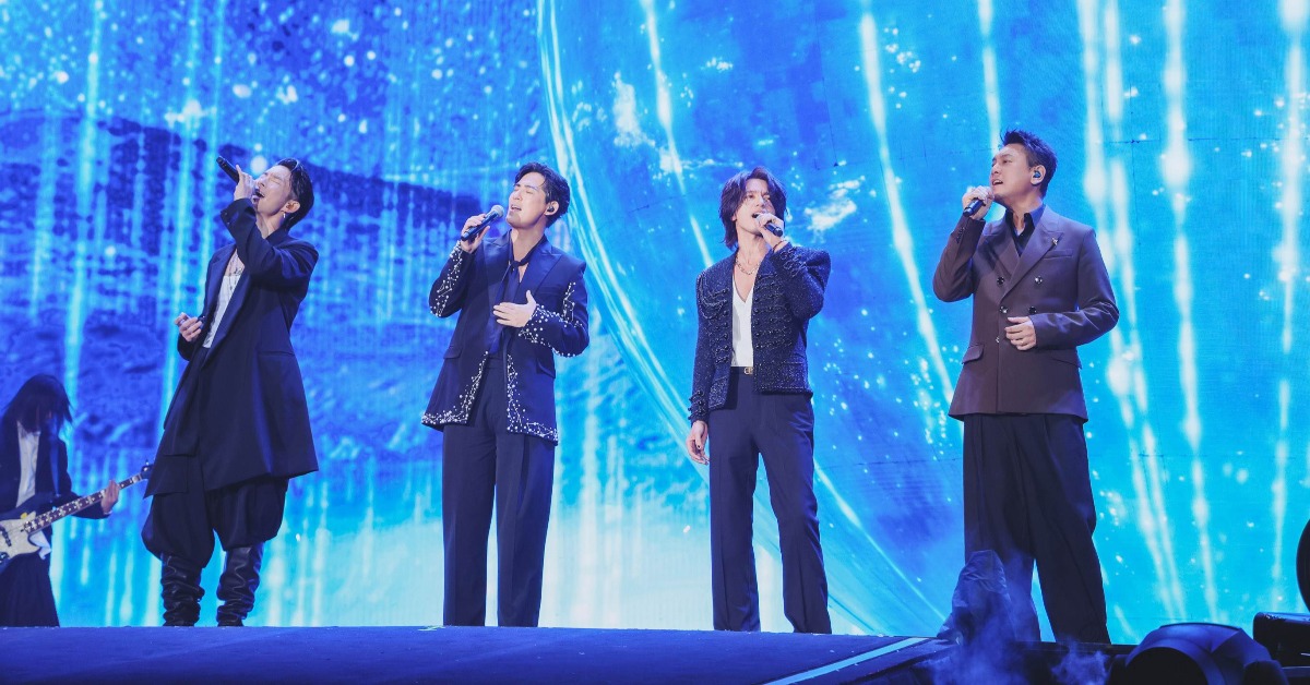 男團F4成員言承旭、周渝民（仔仔）、朱孝天跟吳建豪今年合體登上臺北大巨蛋當嘉賓。（圖／相信音樂提供）