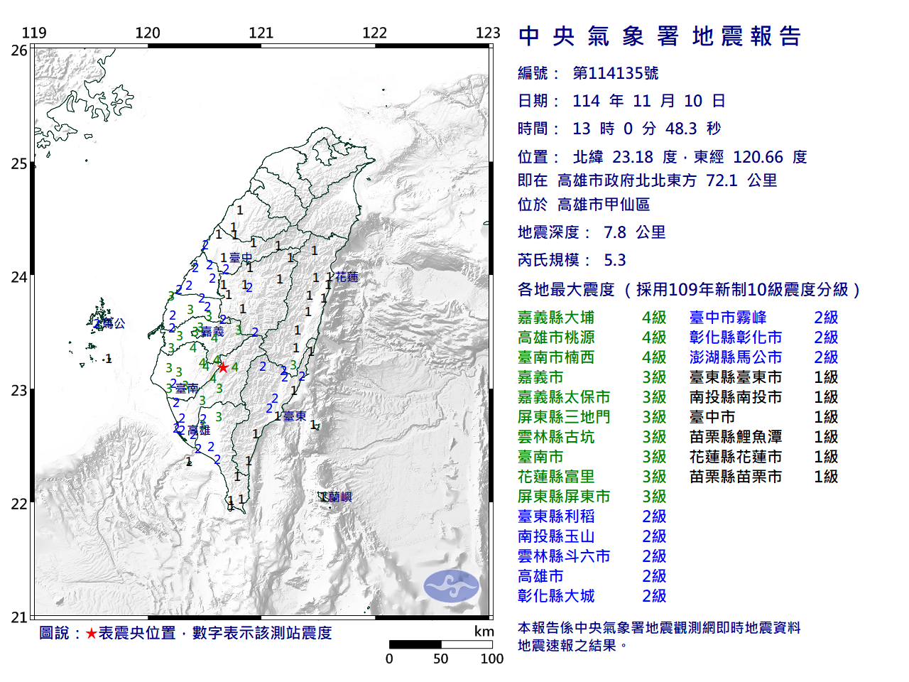10日下午1時發生地震。（圖／氣象署）