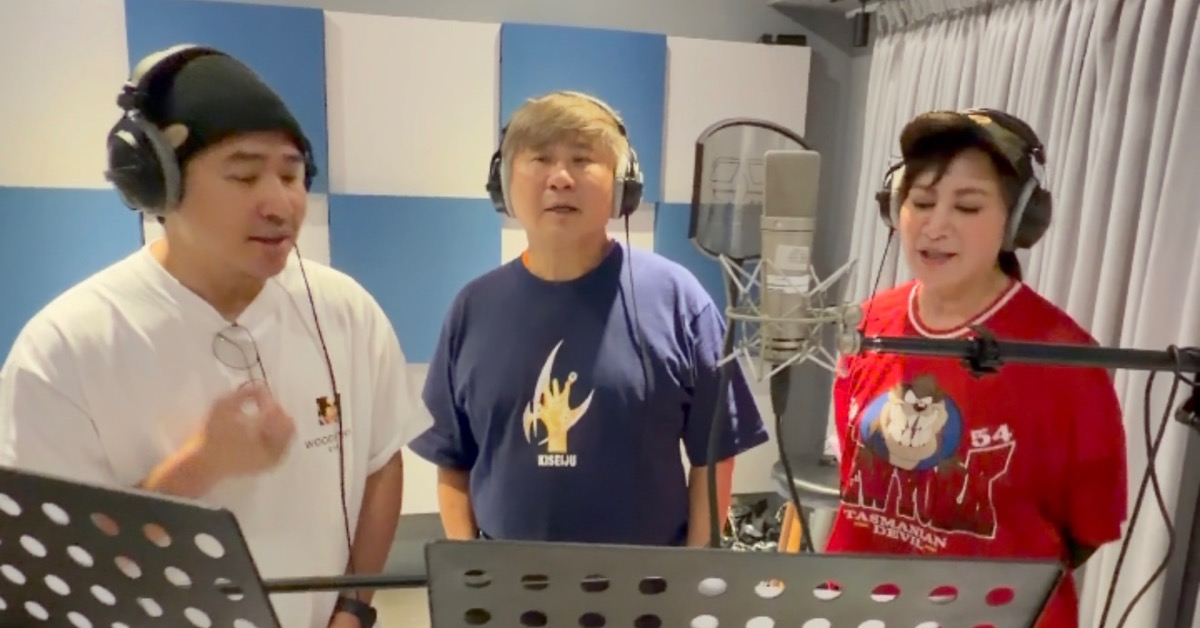 歐漢聲(左起)、胡瓜、陳亞蘭錄製《週末最強大》主題曲。（圖／華視提供）