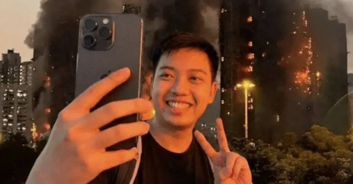 中國YouTuber Kenny在香港大火時候去自拍，如今被香港當局逮捕。（圖／翻攝自Threads）