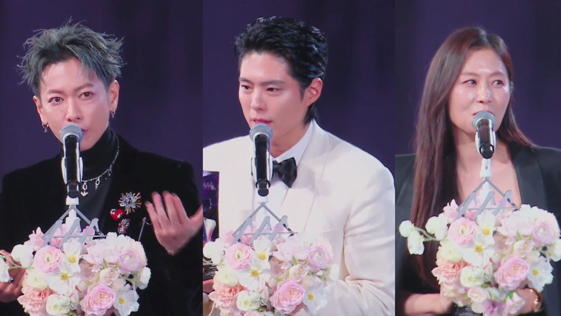 韓國影后文素利（右）在Netflix影集《苦盡柑來遇見你》飾演成年吳愛純一角，並以真摯、細膩的演技，與朴寶劍（中）、佐藤健（左）等人一同獲得最佳藝人獎。（圖／翻攝自LINE TV）