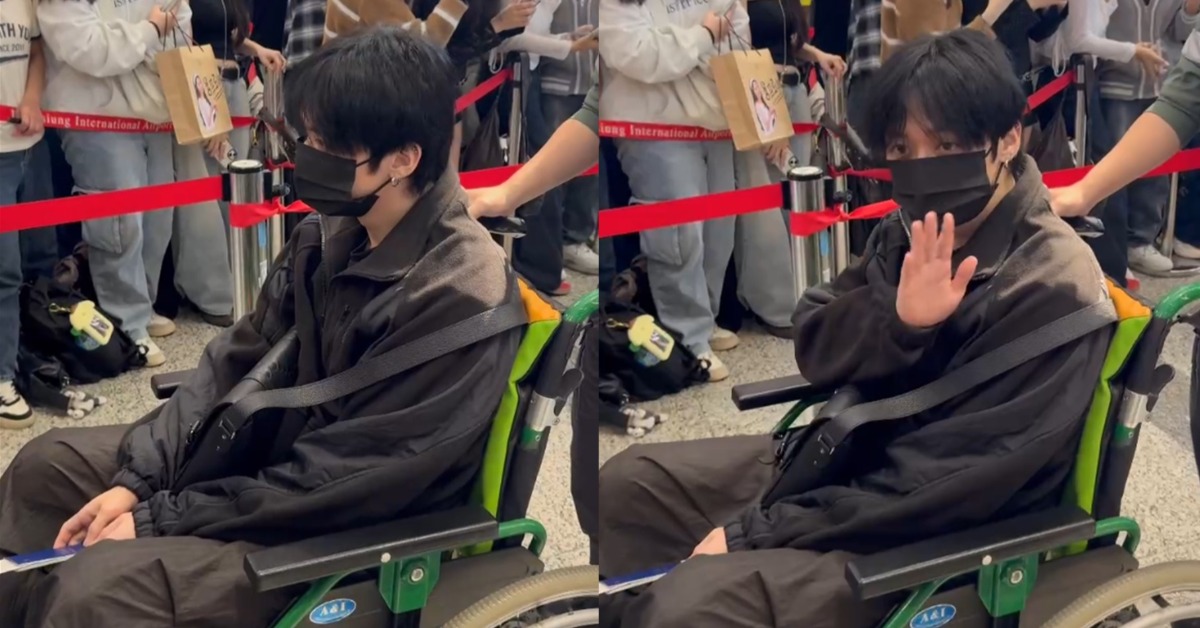 Lee Know從台灣出境仍坐著輪椅，畫面讓人心疼。（圖／東森新聞） 