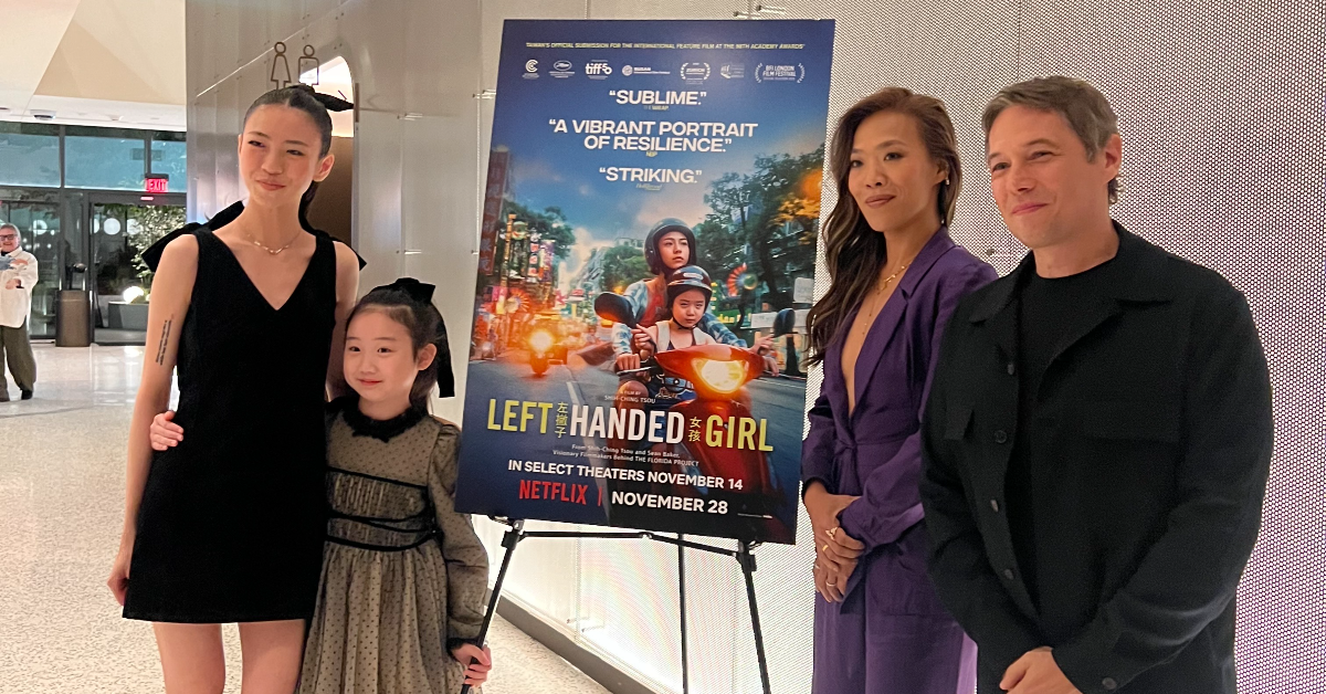 《左撇子女孩》主創們，右起為製作人西恩貝克、導演鄒時擎、演員葉子綺、馬士媛日前在北美宣傳。（圖／光年映畫）