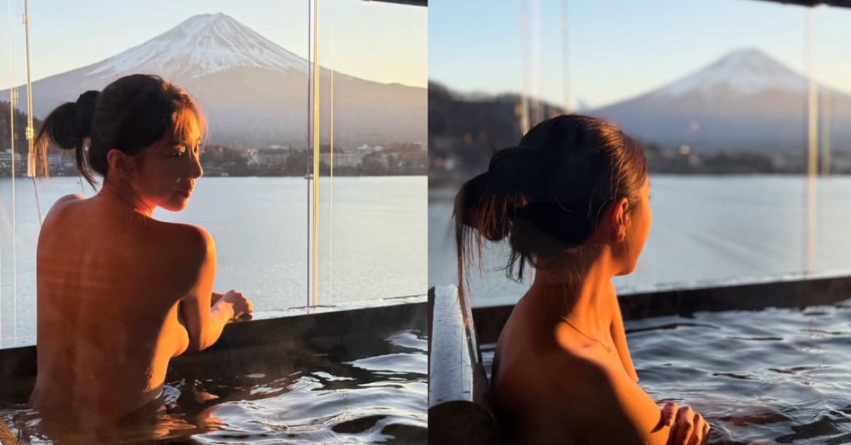 辜莞允近日分享日本河口湖泡湯美照，背影入鏡搭配富士山夕景，短時間吸引萬人按讚。（圖／翻攝自辜莞允IG）
