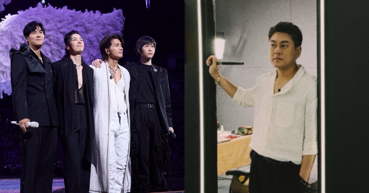 五月天阿信與言承旭、吳建豪、周渝民在上海合體舉辦演唱會，不忘提到未能到場的朱孝天。（圖／翻攝自相信音樂臉書、朱孝天微博）