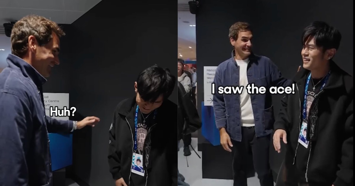 周杰倫首度參加澳網「一球制勝」表演賽，卻因對手ACE球5秒落敗。事後巧遇球王費德勒，被笑虧「怎麼沒反應」。（圖／翻攝自IG「australianopen」）