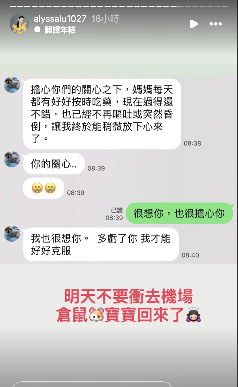 乖姐曬出和邊荷律私下對話，證實她將回台。（圖／翻攝自乖姐IG）