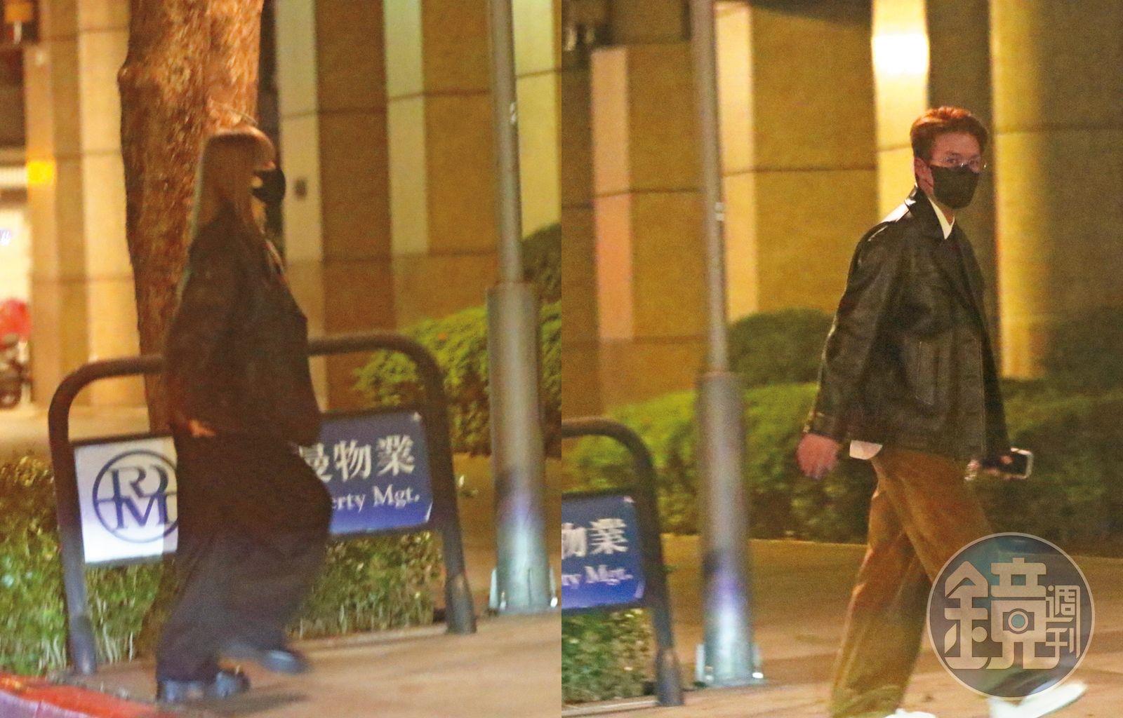1/29  00：56 王心凌先行下了計程車，看來步伐輕快而且直奔家門，吳克群也下車，跟著王心凌回家。（圖／鏡週刊）