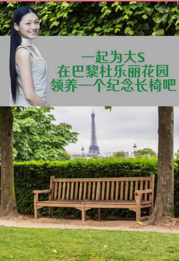 女星大S粉絲將在杜樂麗花園以及加拿大多倫多打造紀念長椅。（圖／翻攝自微博）