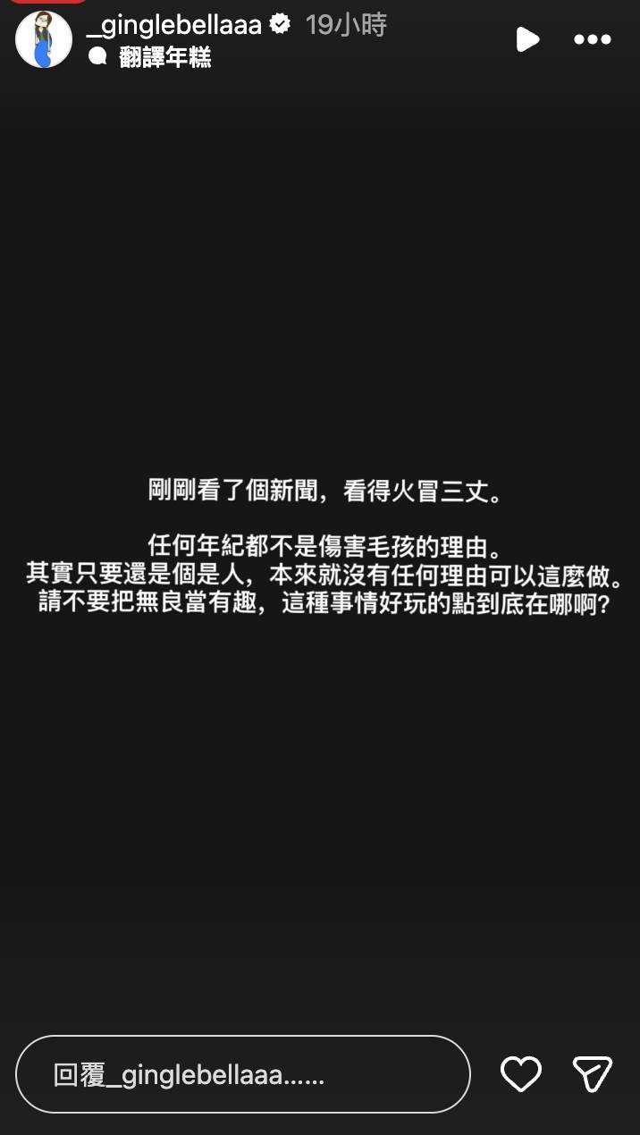 女星王淨以黑底白字發布限時動態，譴責虐待毛孩的人。（圖／翻攝自王淨 <a href='https://star.ebc.net.tw/search/tags/IG/' target='_blank'>IG</a>）
