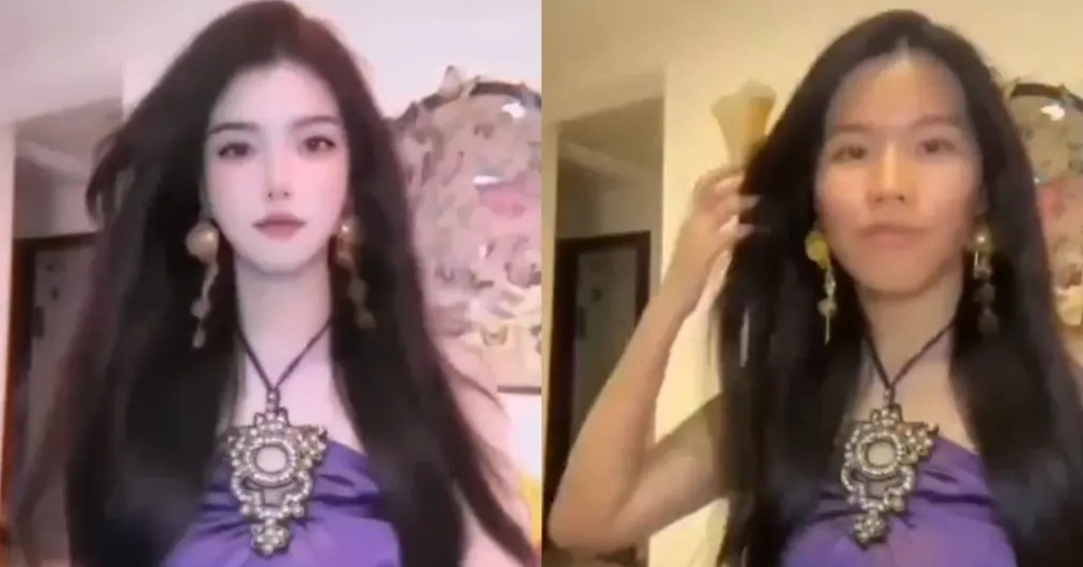 大陸有一位美女網紅，直播時美顏濾鏡意外斷線。（圖／翻攝畫面）