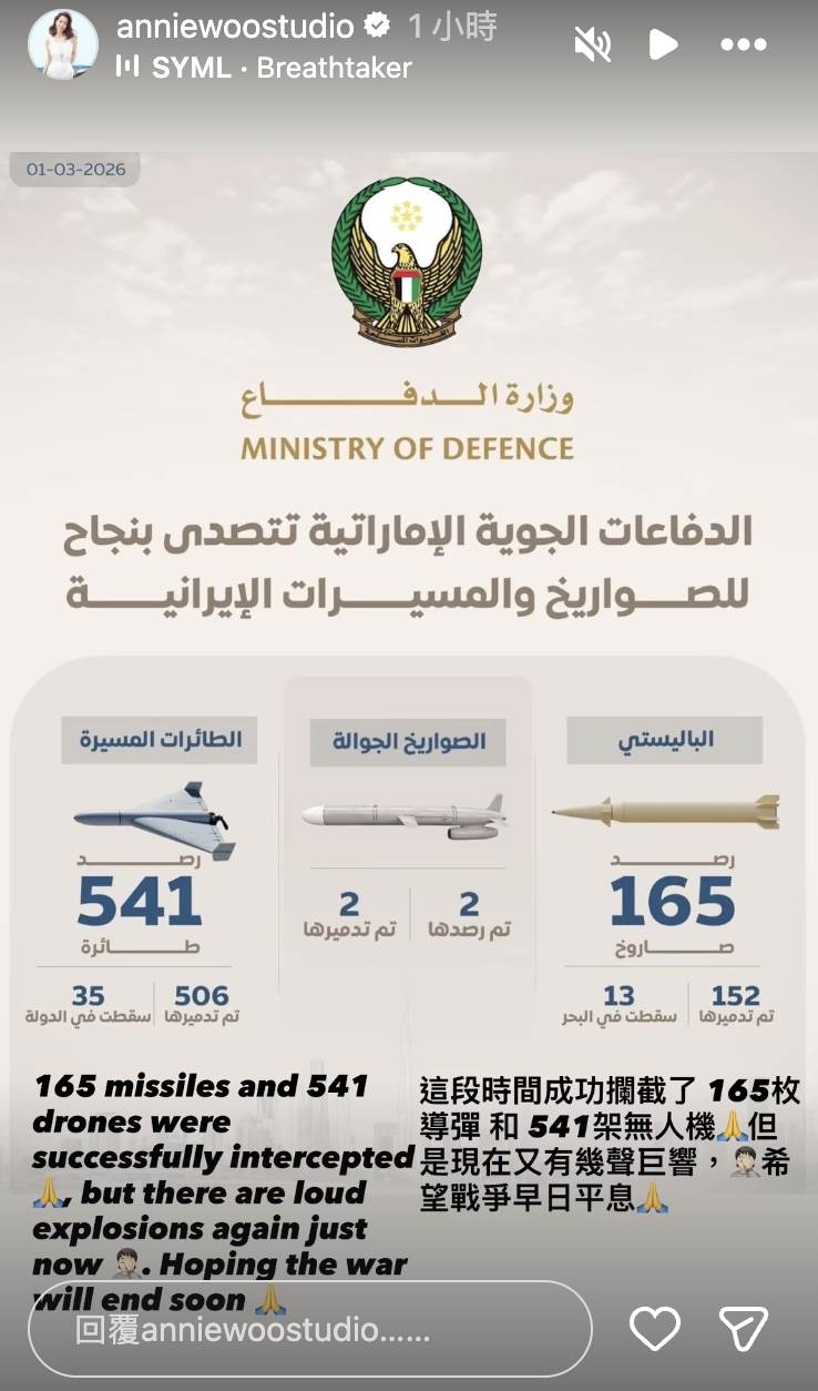台灣女星吳辰君分享杜拜攔截了165枚導彈和541架無人機。（圖／翻攝自吳辰君IG）