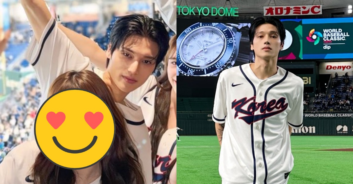男團ATEEZ成員友榮擔任開球嘉賓，回包廂後和女團成員親暱互動被拍下。（圖／翻攝自MLB Korea、ATEEZ X）