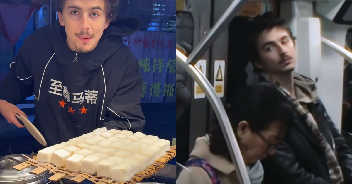 好萊塢男星「甜茶」提摩西夏勒梅赴中國宣傳新片，不僅街頭擺攤賣霉豆腐，還搭北京地鐵通勤。（圖／翻攝自小紅書＠Timothée Chalamet 甜茶）