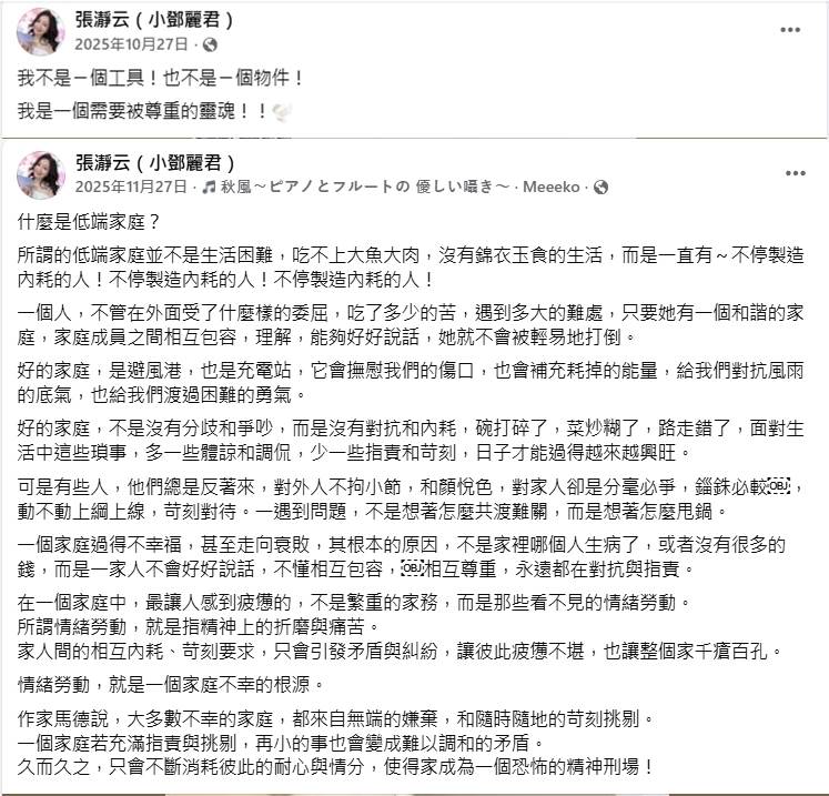 張瀞云在社群發出了負面文章。（圖／翻攝自張瀞云臉書）
