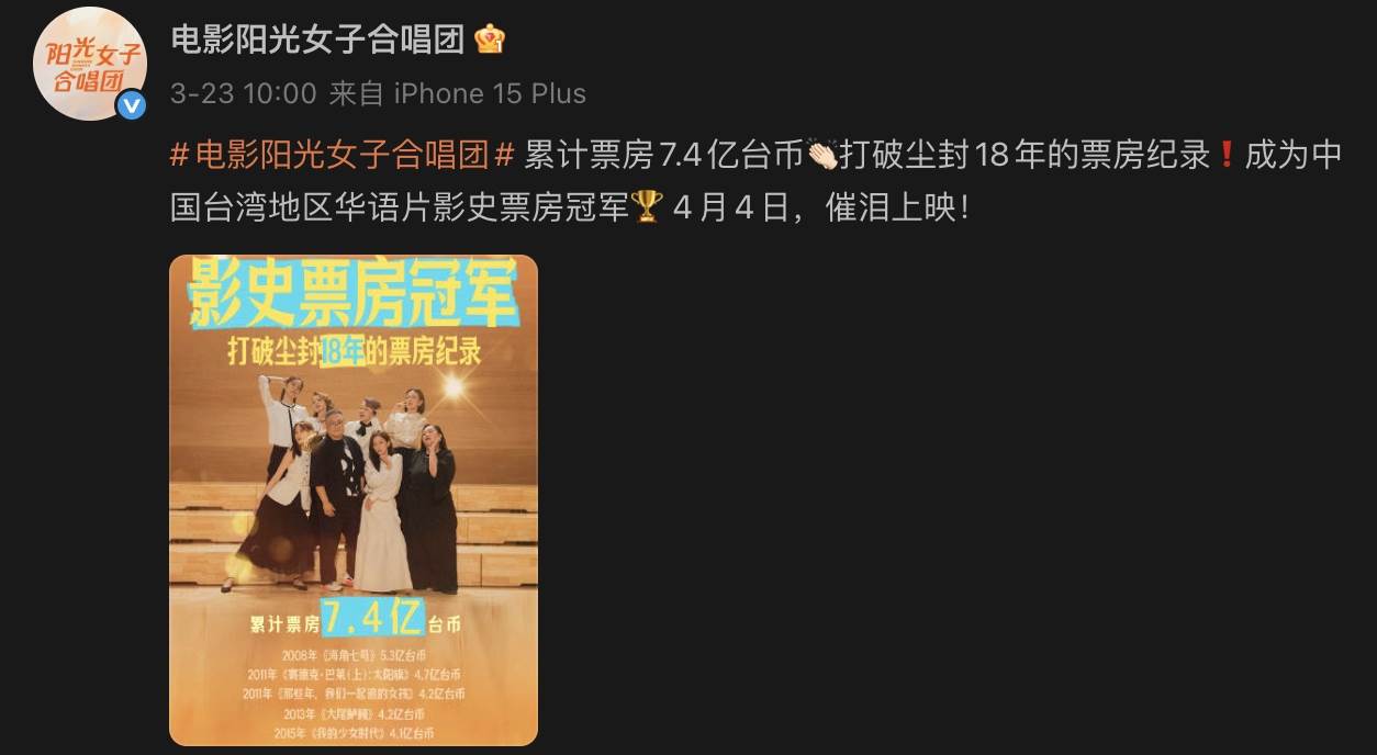 電影《陽光女子合唱團》將於中國上映，<a href='https://star.ebc.net.tw/search/tags/微博/' target='_blank'>微博</a>宣傳文案寫下了「中國台灣」。（圖／翻攝自《陽光女子合唱團》微博）