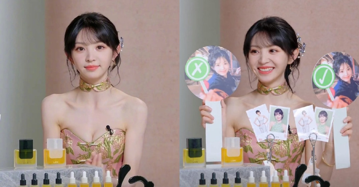 中國女星田曦薇直播造型太露，工作人員用小卡來擋住衣服。（圖／翻攝自微博）