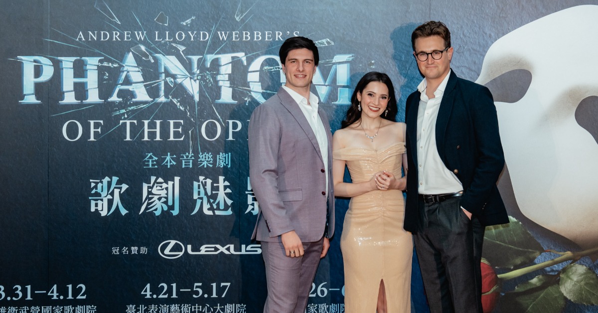 音樂劇《歌劇魅影》主演，Rory McCollum（左起）、Grace Roberts、Samuel Wyn-Morris。（圖／寬宏藝術）