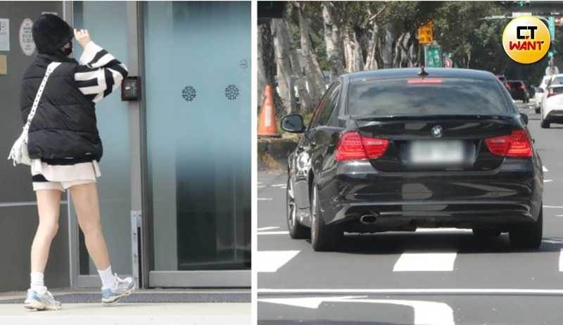 上月12日上午峮峮戴帽口罩低調出門，抵達內湖婦產科後沒看診，又改搭黑色BMW離開。（圖／CTWANT）