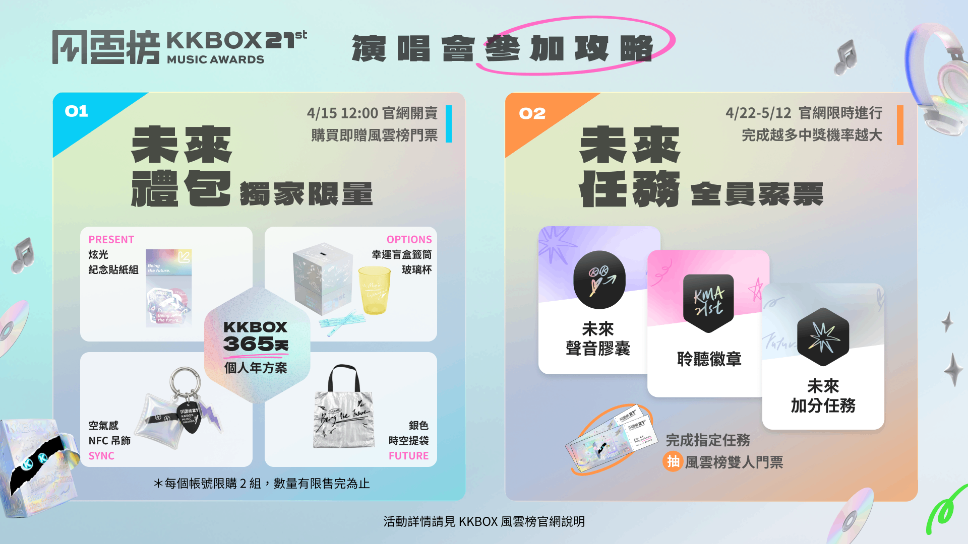 年度音樂盛會「第21屆KKBOX風雲榜」演唱會兩階段索票攻略。（圖／KKBOX提供）