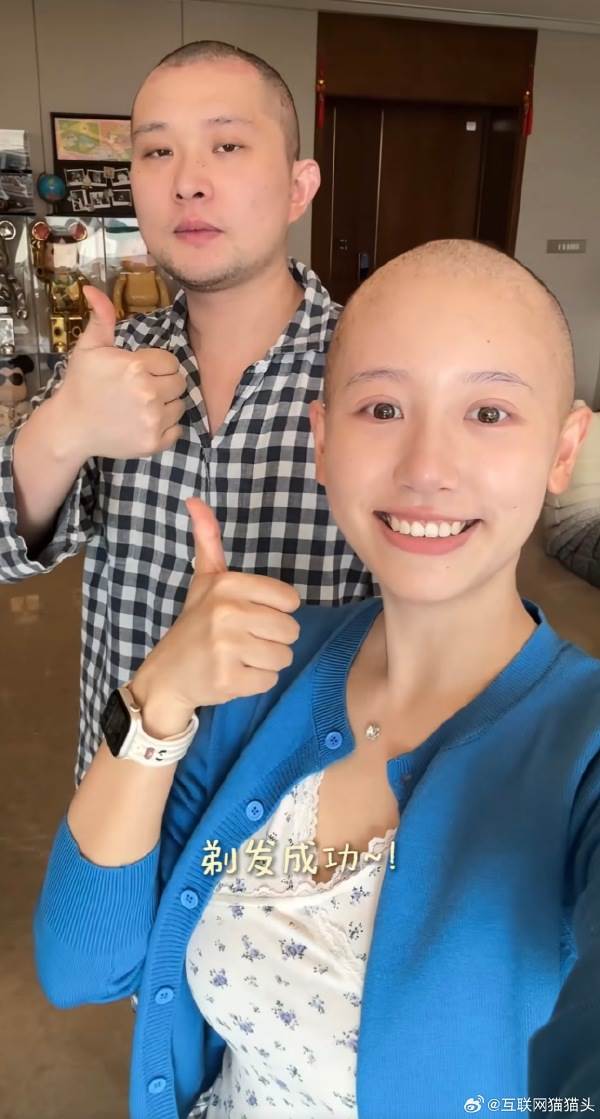 抖音千萬粉絲的網紅一栗小莎子（徐依莎）為抗癌剃光頭，老公也陪伴一起，成為她最大後盾。（圖／翻攝自微博）