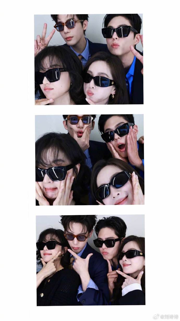 韓國男星朴寶劍和中國藝人劉詩詩、王安宇、孫千在活動上自拍玩得十分開心。（圖／翻攝自劉詩詩、朴寶劍微博）