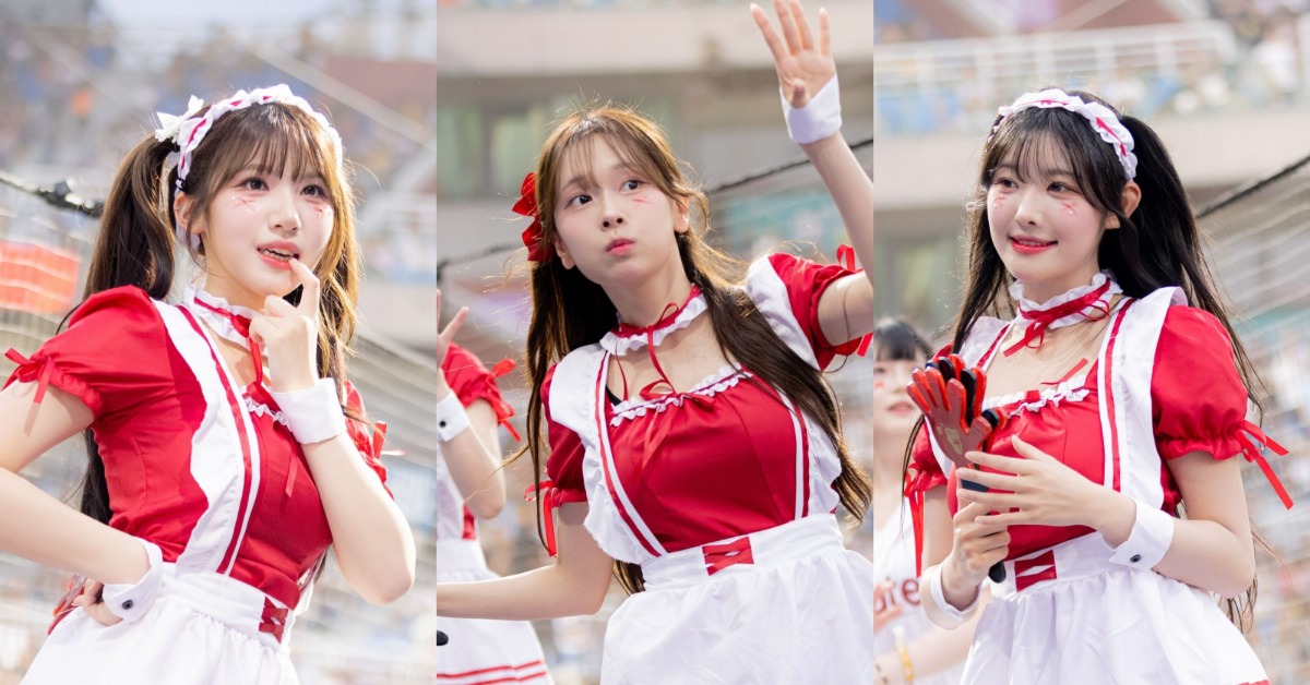 廉世彬（左起）、金佳垠、高佳彬穿上女僕裝應援。（圖／樂天桃猿提供）