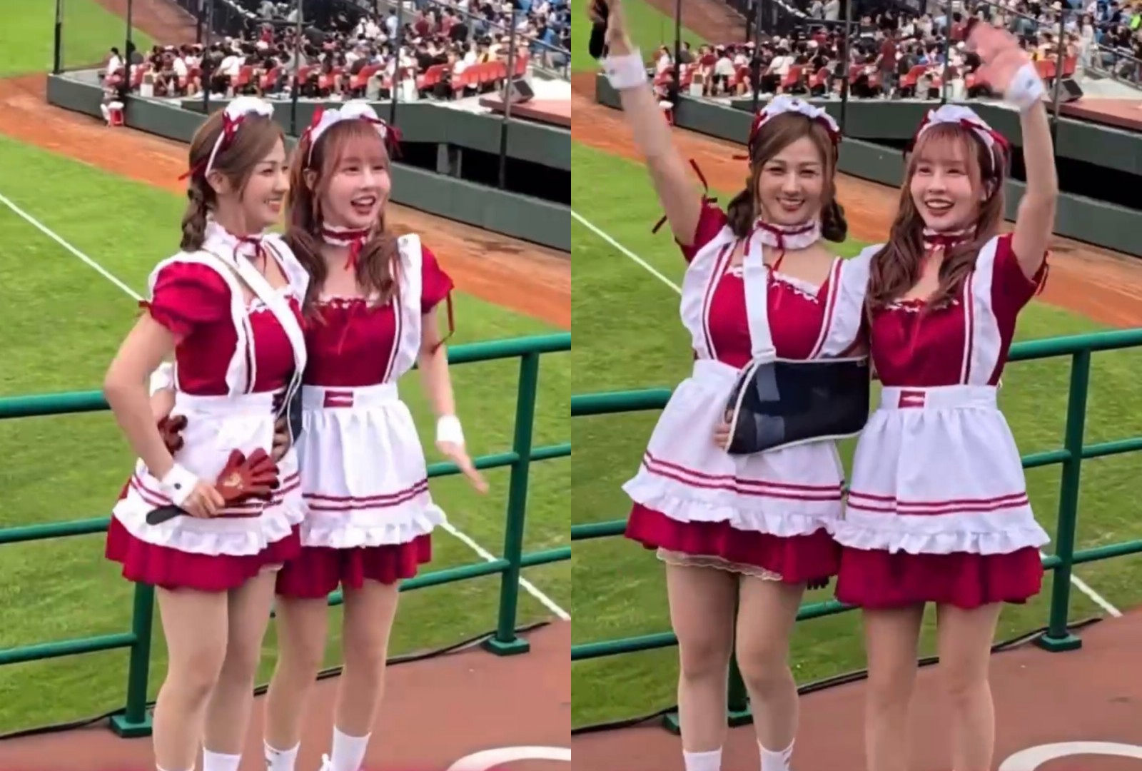 崔荷潾暖當左手陪穆又甯合體應援。（圖／樂天桃猿提供）