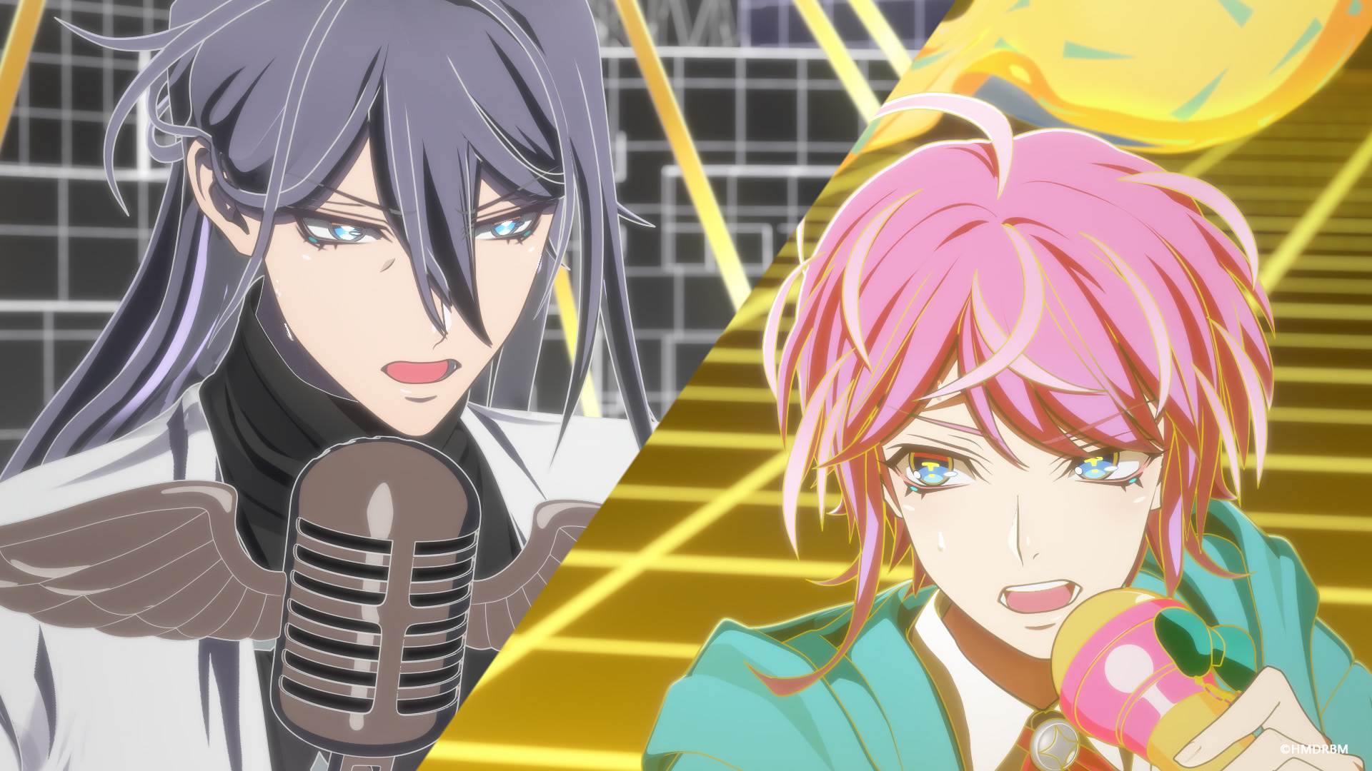 《催眠麥克風》澀谷代表「Fling Posse」由飴村亂數（右）領軍，對上新宿代表「Matenro」隊長神宮寺寂雷。（圖／甲上娛樂提供）