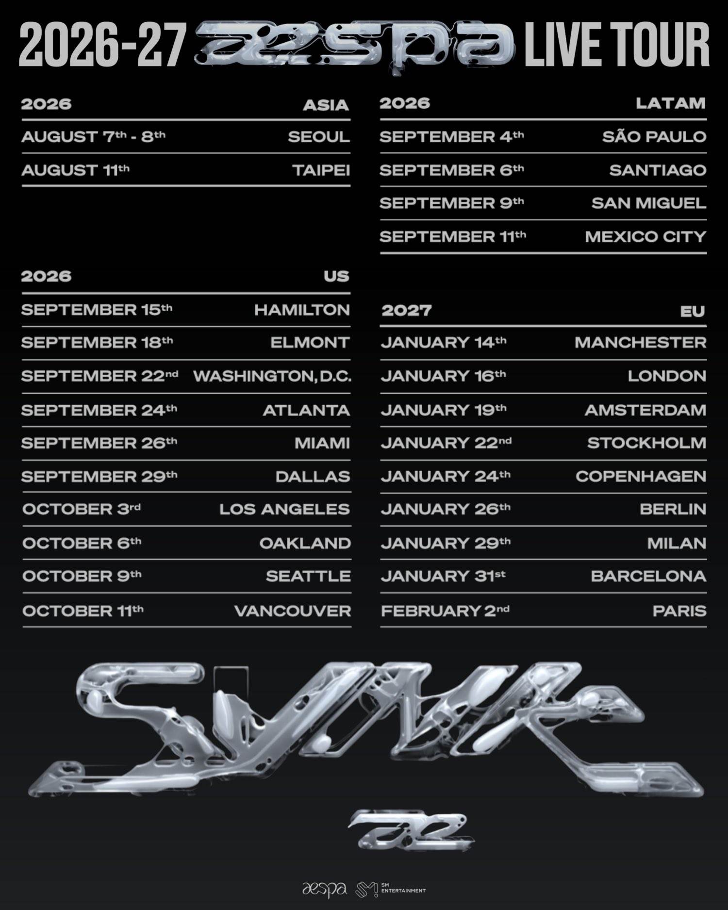 南韓女團aespa宣布了《2026-27 aespa LIVE TOUR》<a href='https://star.ebc.net.tw/search/tags/巡演/' target='_blank'>巡演</a>資訊，8月11日將於台北開唱。（圖／翻攝自aespa X）