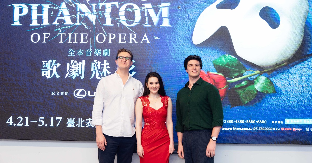 《歌劇魅影》主演山姆(左起)、葛蕾絲、羅伊出席台北場記者會。（圖／寬宏藝術提供）