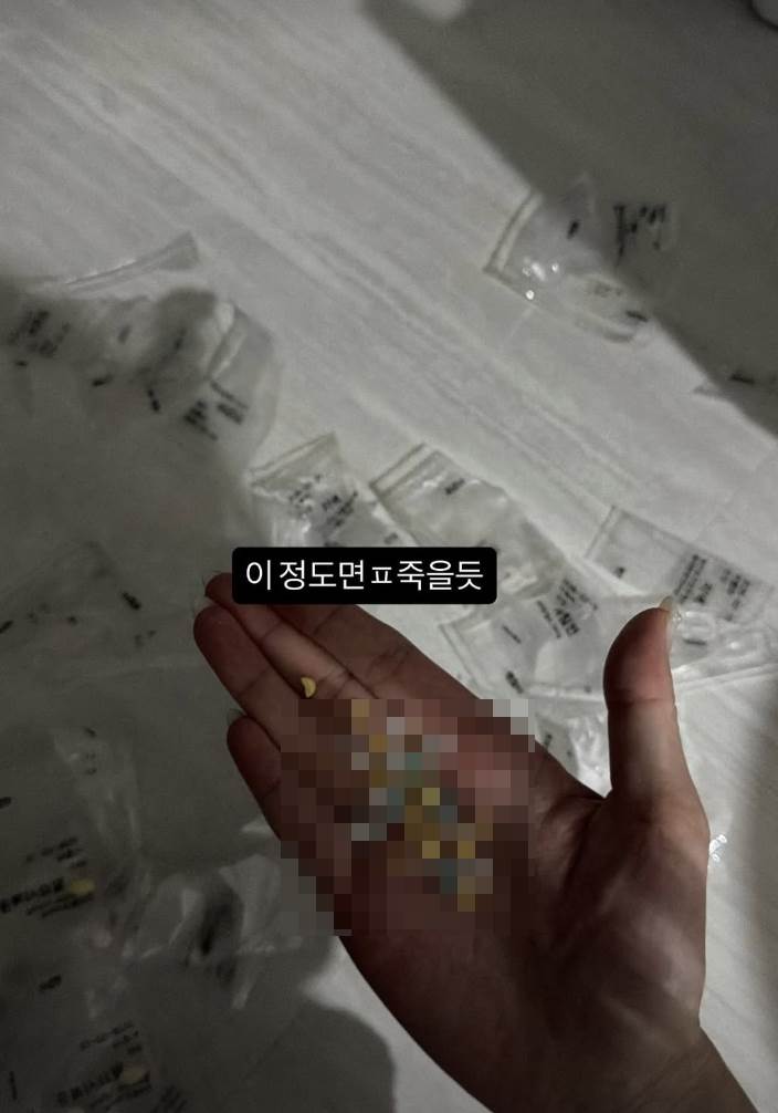 Jisoo哥哥金政勳（김준형，音譯）二任妻子深陷家暴陰影，手握爆量藥物喊話「快死了」。（圖／翻攝自金政勳妻子 IG）