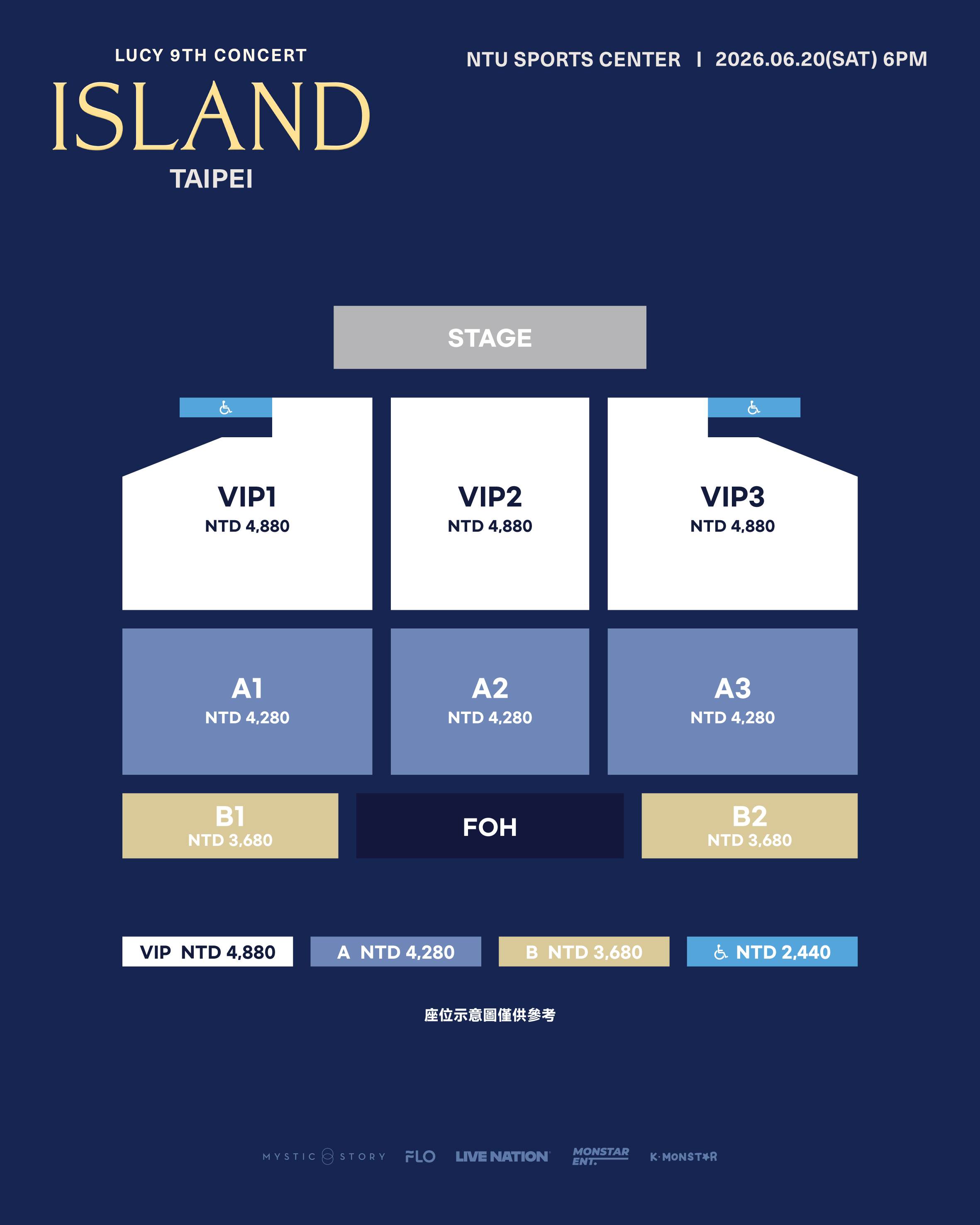 韓國人氣樂團LUCY《2026 LUCY 9TH CONCERT 〈ISLAND〉 IN TAIPEI》票區圖、<a href='https://star.ebc.net.tw/search/tags/福利/' target='_blank'>福利</a>圖。(圖/ K-MONSTAR、MYSTIC STORY提供)