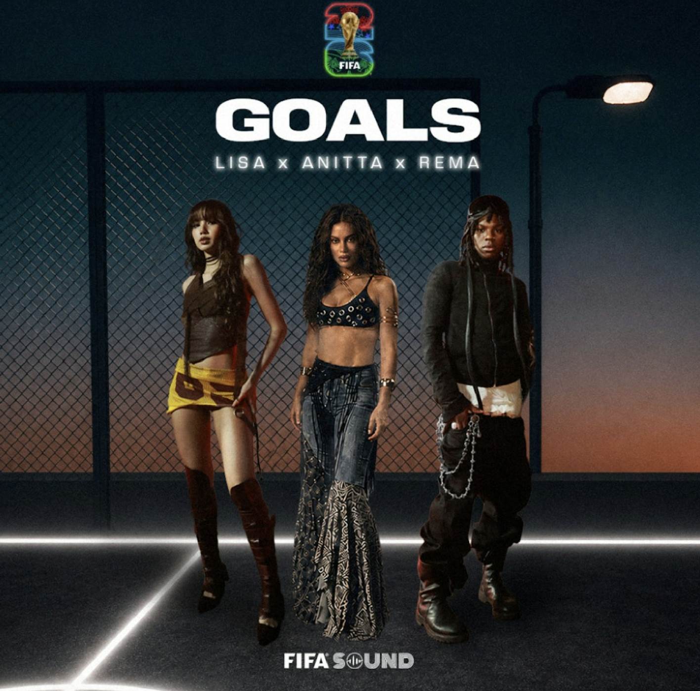 南韓女團BLACKPINK泰籍成員Lisa與巴西歌手Anitta、奈及利亞歌手Rema合作的宣傳曲〈Goals〉。（圖／翻攝自FIFA World Cup X）