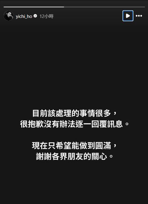 女兒何以奇深夜昨(2)日透過Instagram限時動態發布46字聲明回應（圖／翻攝自Instagram／何以奇）
