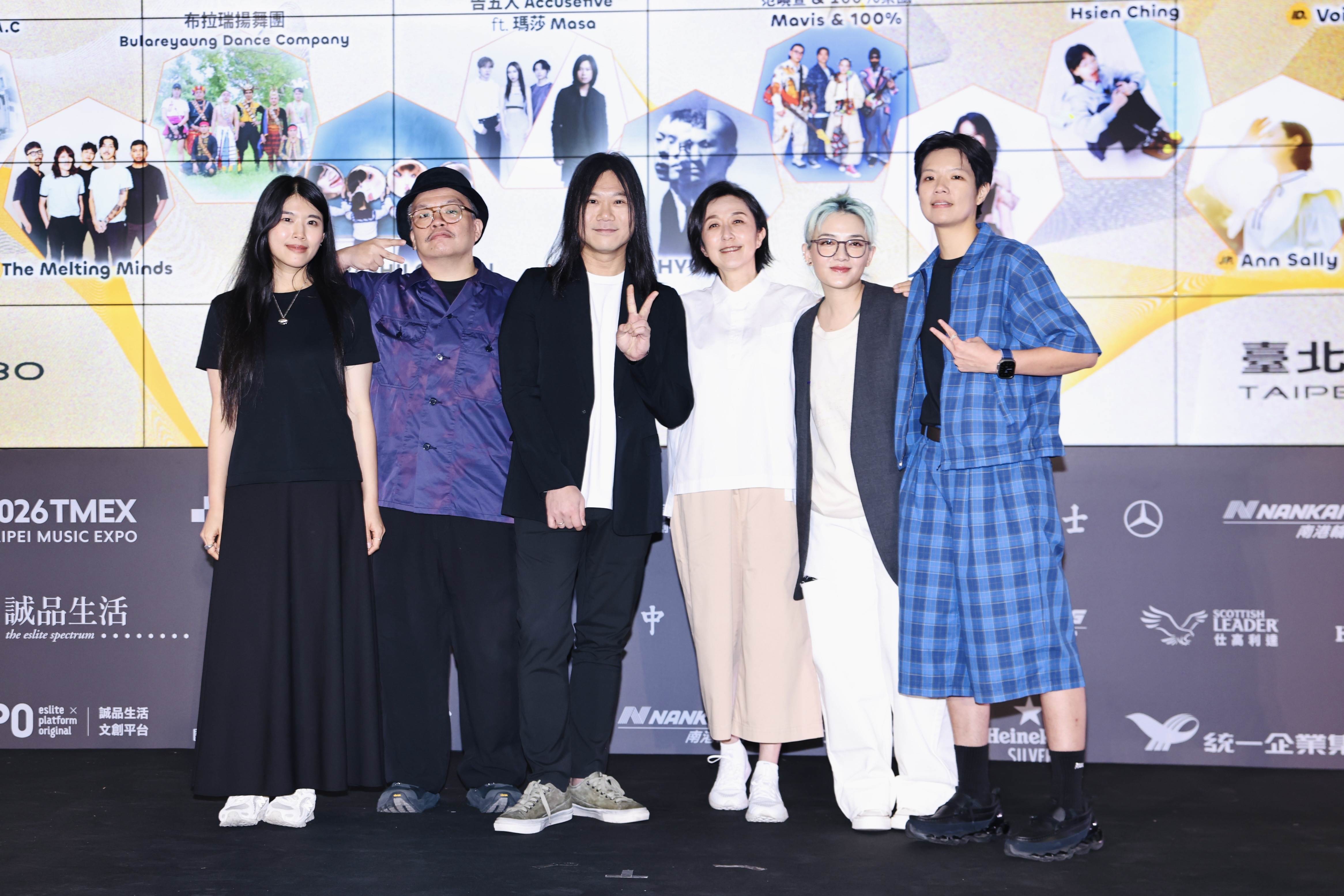嚴敏（左起）、迪拉胖、五月天瑪莎、黃韻玲、范曉萱 、劉柏君擔任策展人。（圖／臺北市政府文化局 、北流提供）