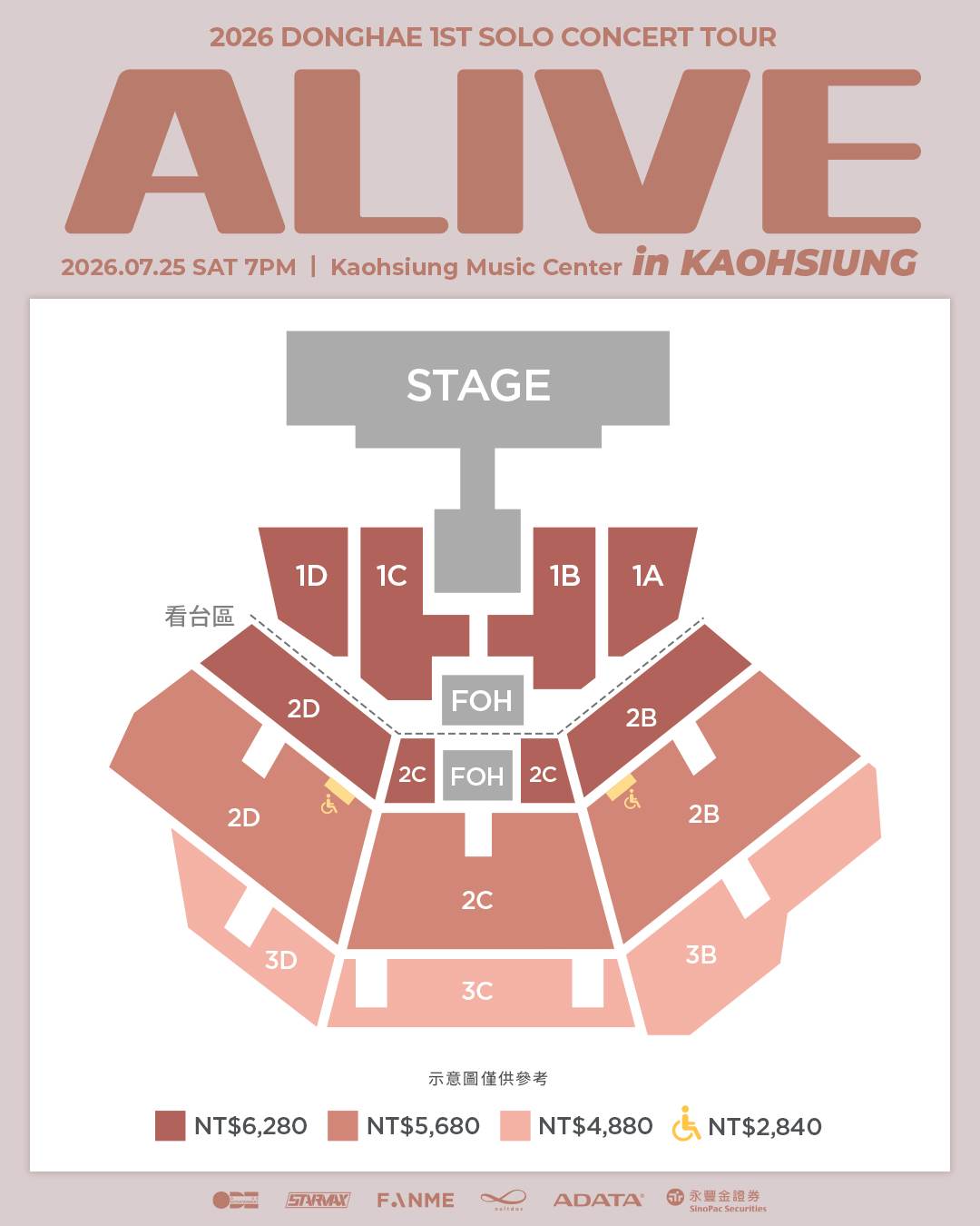 南韓男星東海個人巡演《2026 DONGHAE 1ST SOLO CONCERT TOUR [ALIVE]》高雄站票區、福利圖。（圖／FANME提供）