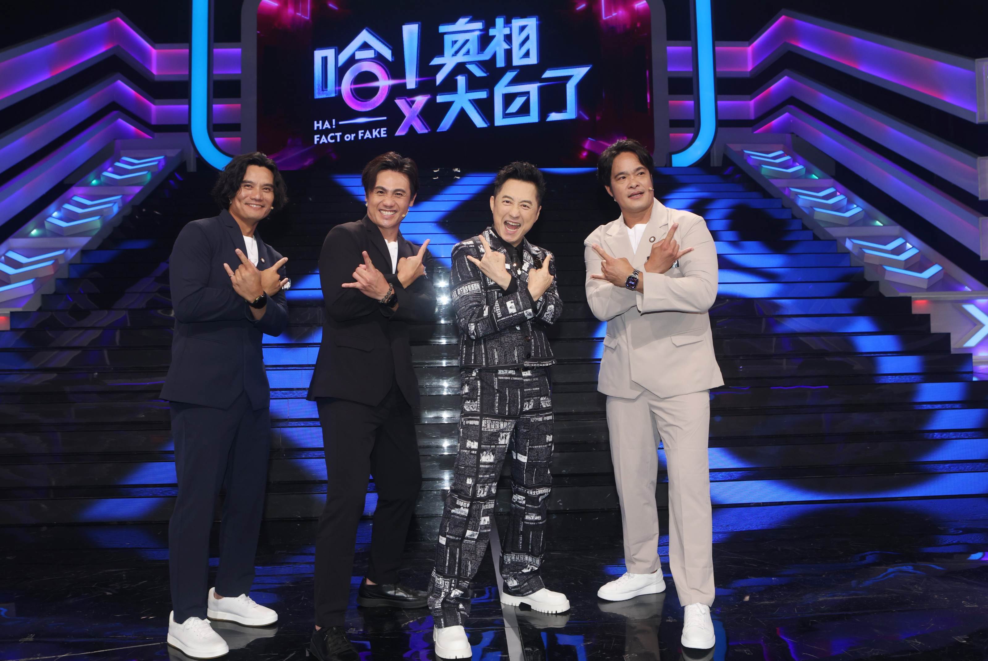號稱「原棒協F3成員」王勝偉（左起）、陳鏞基、林智勝登上哈林節目宣傳公益高爾夫球賽。（圖／公視提供）