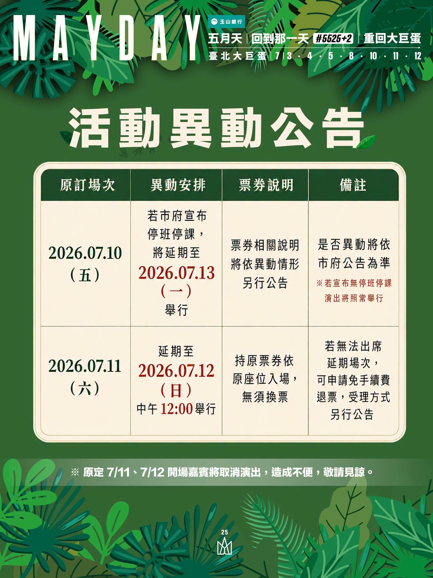 五月天大巨蛋演唱會延期安排。（圖／翻攝自相信音樂臉書）