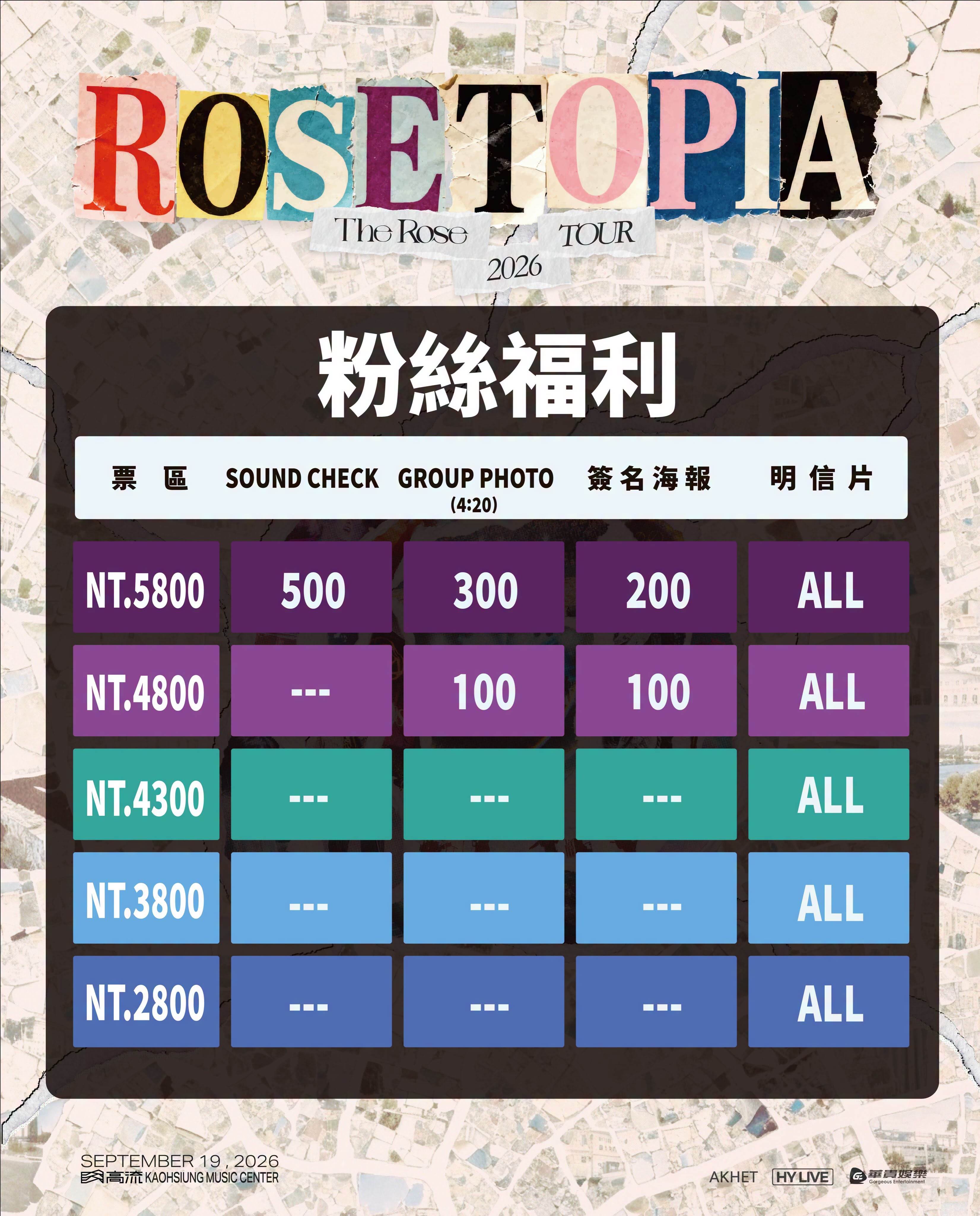 韓國人氣樂團The Rose《THE ROSE ROSETOPIA ASIA TOUR 2026 IN KAOHSIUNG》門票、福利圖。（圖／華貴娛樂提供）