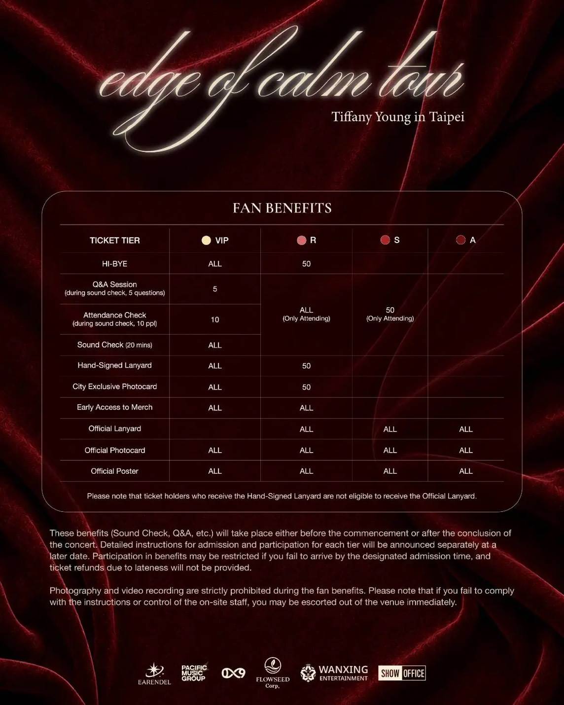 南韓女團少女時代成員Tiffany Young舉辦《Tiffany Young: Edge of Calm Tour》亞洲巡迴演唱會票價、福利圖。（圖／SHOWOFFICE提供）