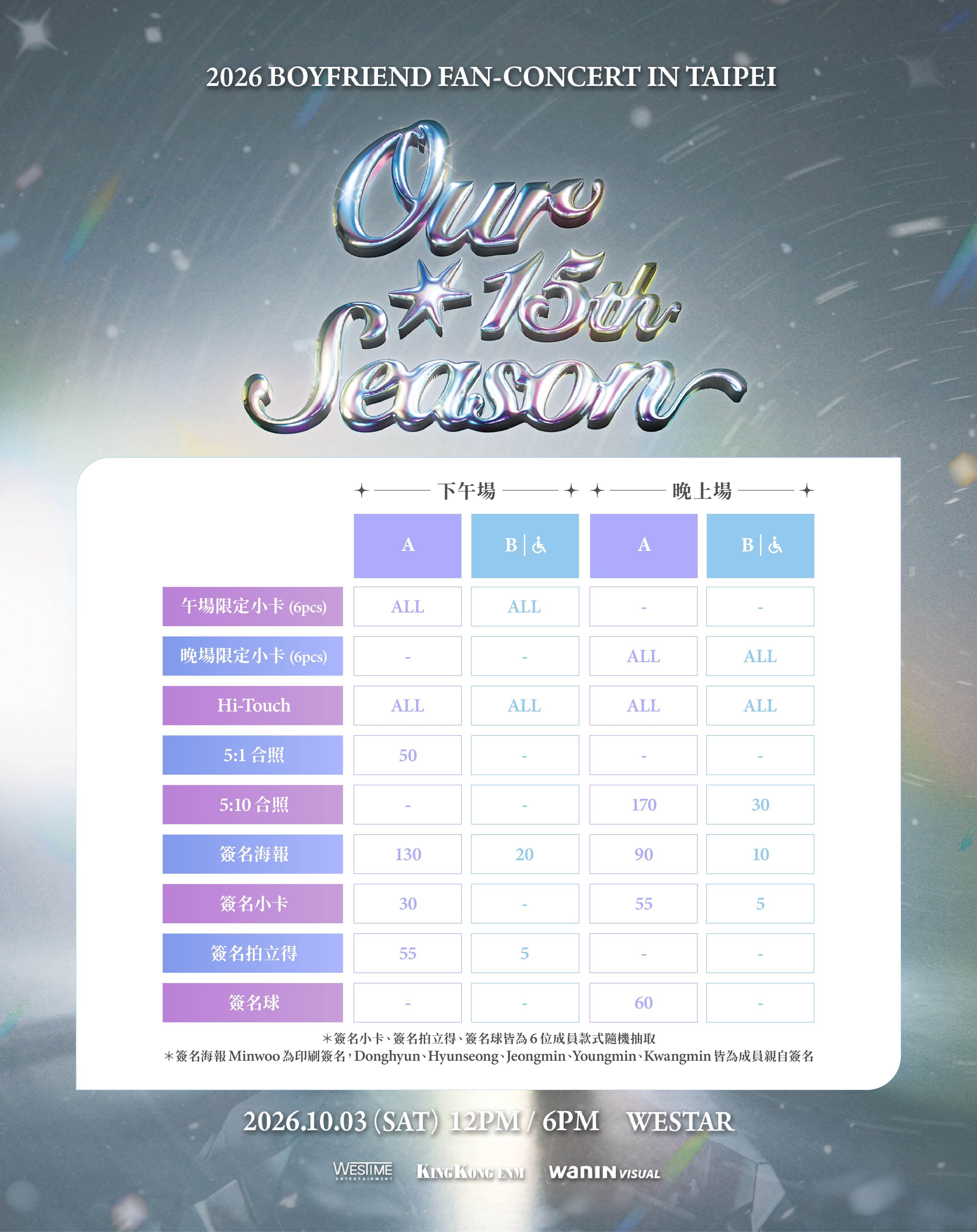 韓國人氣男團BOYFRIEND《2026 BOYFRIEND FAN-CONCERT <Our 15th Season> IN TAIPEI》票區、福利圖。(圖/網銀國際影視提供)