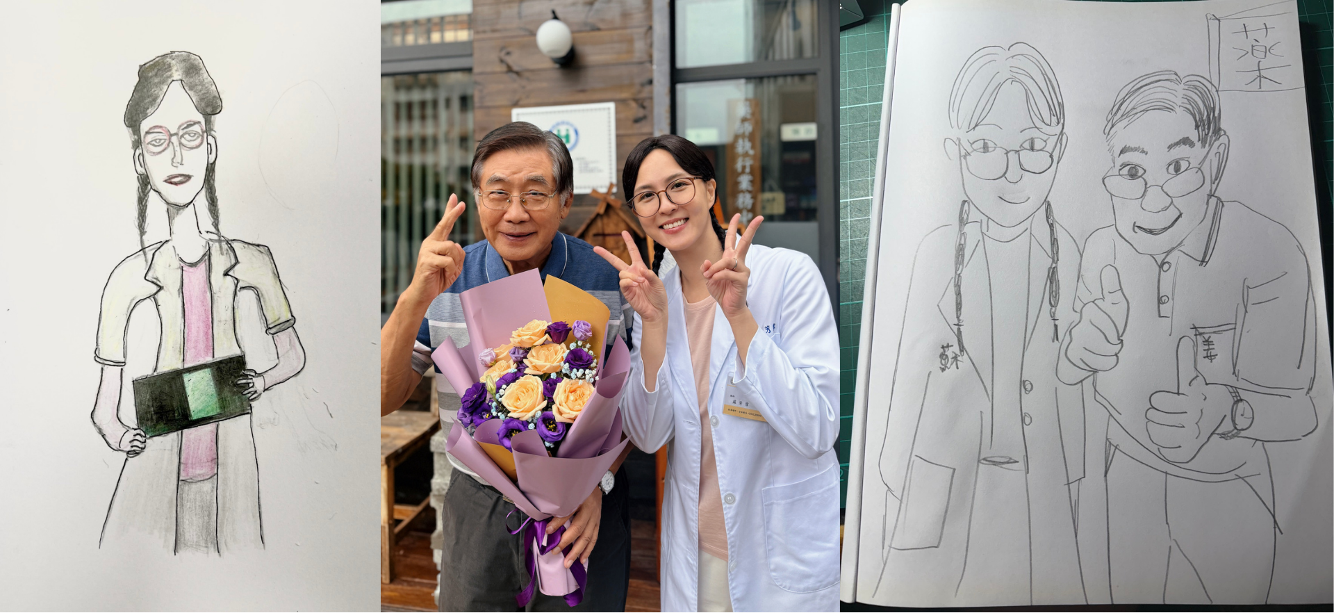 梁修身拍攝《轉角哪間心藥局》空檔與魏蔓「互畫」。(圖/大愛)