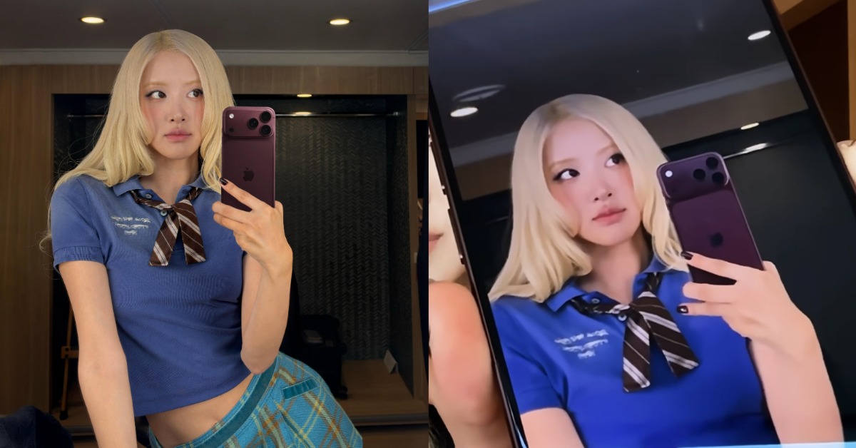 Rosé拿iPhone新機被質疑P上去，親秀原圖證實有拿手機。（圖／翻攝自Rosé IG、Apple Music YouTube）