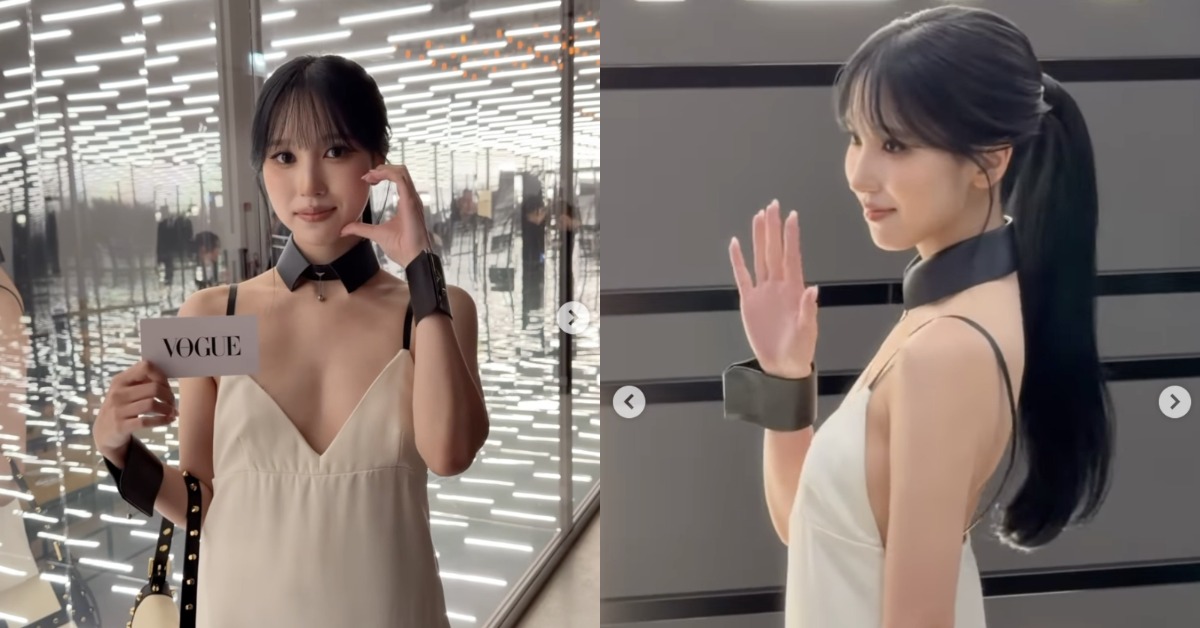 Mina身穿大開V領的細肩帶禮服出席時裝週。（圖／翻攝自voguehongkong IG）