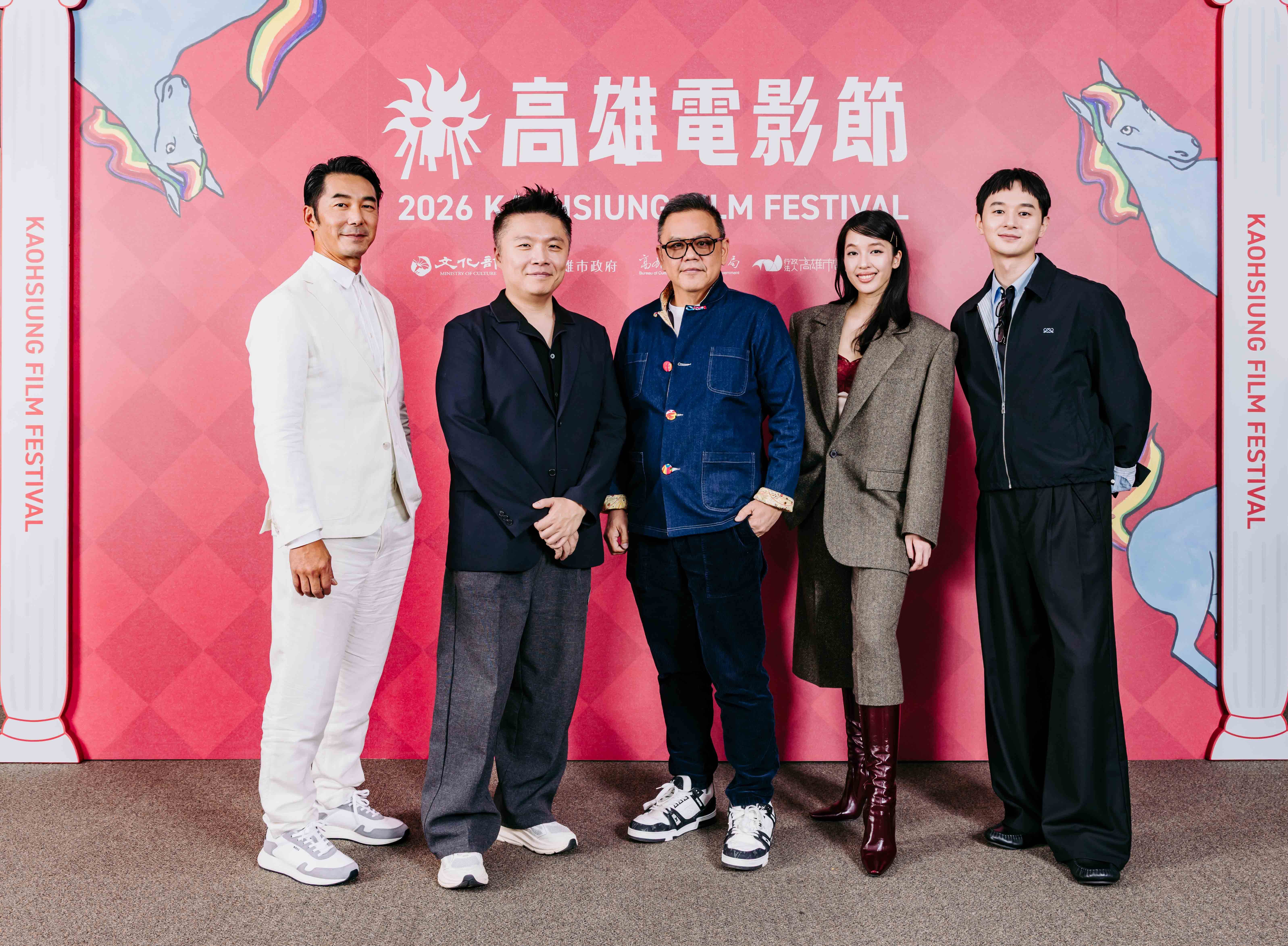 《遊戲未完》演員李李仁（左起）、導演李昭樺、監製劉健財、演員王渝萱、演員張軒睿。（圖／高雄電影節）