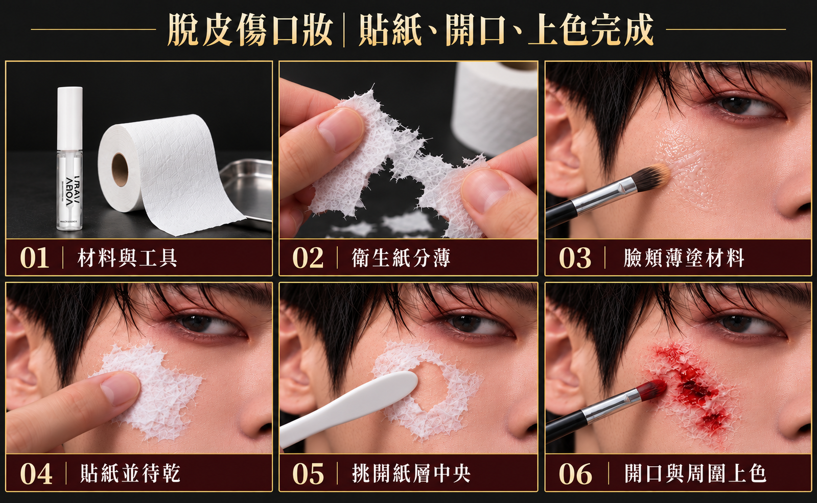 TIPS教程｜「脫皮傷口」這樣畫！衛生紙薄貼上臉，挑開紙層再上色。（圖／東森新聞）