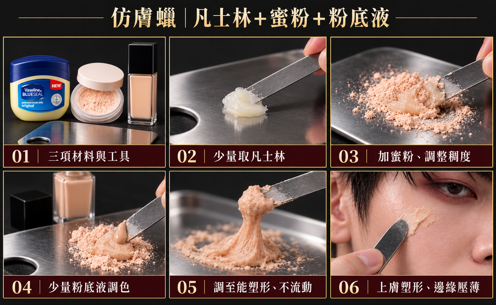 TIPS教程｜凡士林＋蜜粉＋粉底液塑形。（圖／東森新聞）